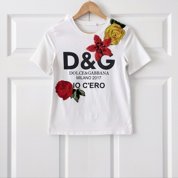 Dolce & Gabbana White Floral Embroidered "io C'ero" Print Tee | Size S - Picture 15 of 15